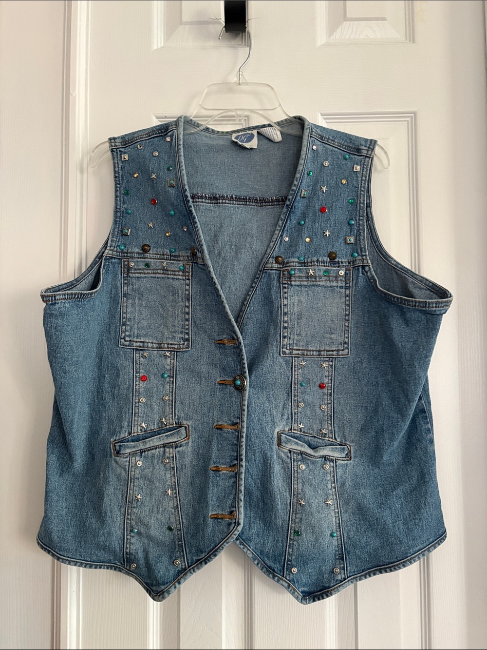 DG by Diane Gilman embellished Light Blue Denim Jean Vest Women's Plus Size 1X
